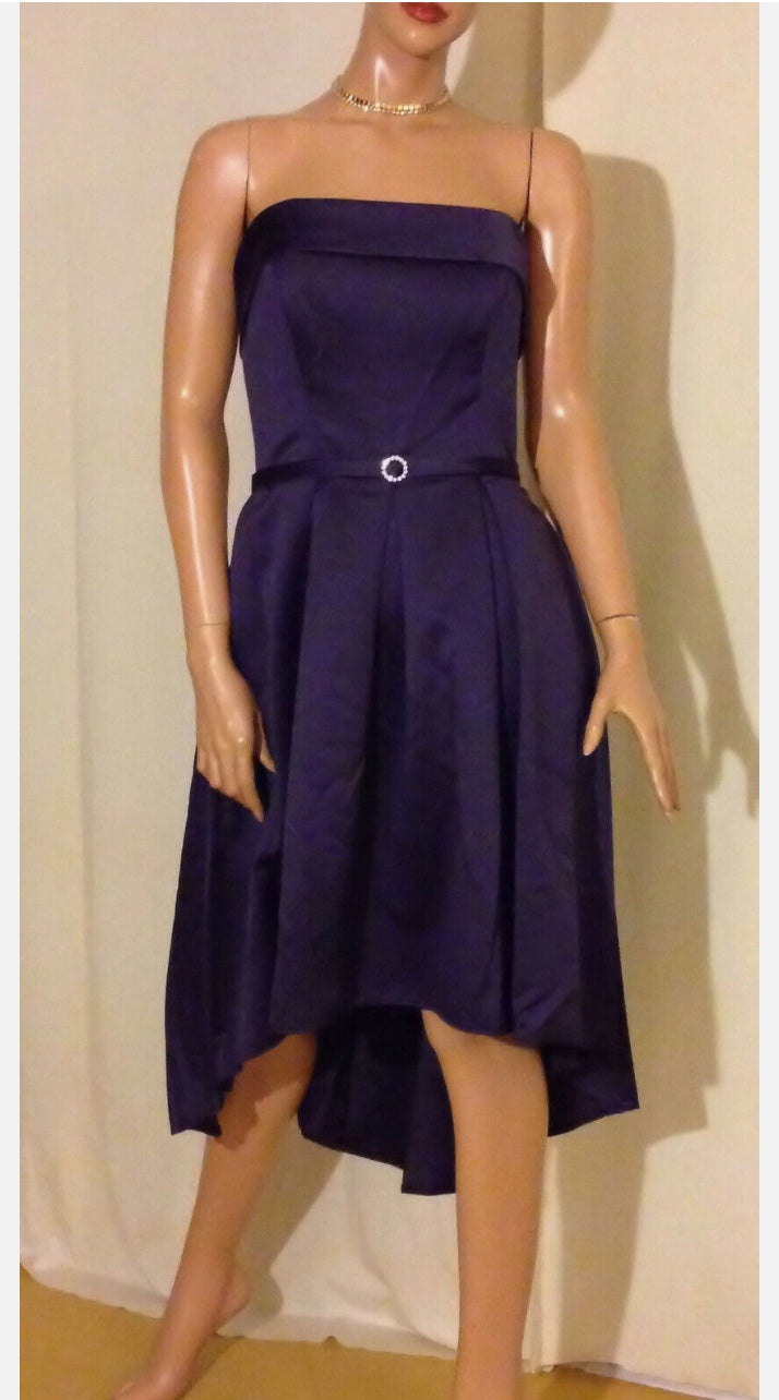 $160 Designer Strapless Satin High-Low Midi Bridesmaid Dress Aubergine~8 NWT