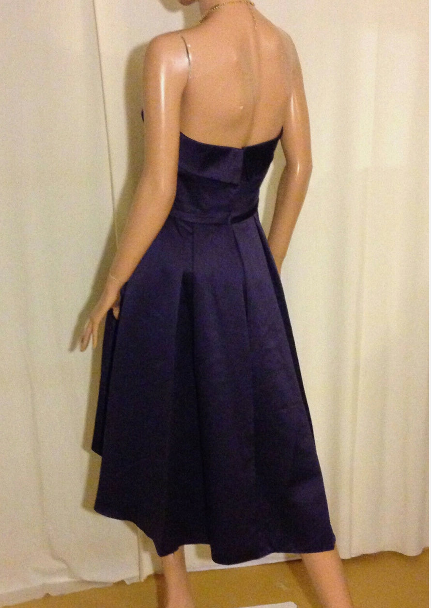 $160 Designer Strapless Satin High-Low Midi Bridesmaid Dress Aubergine~8 NWT