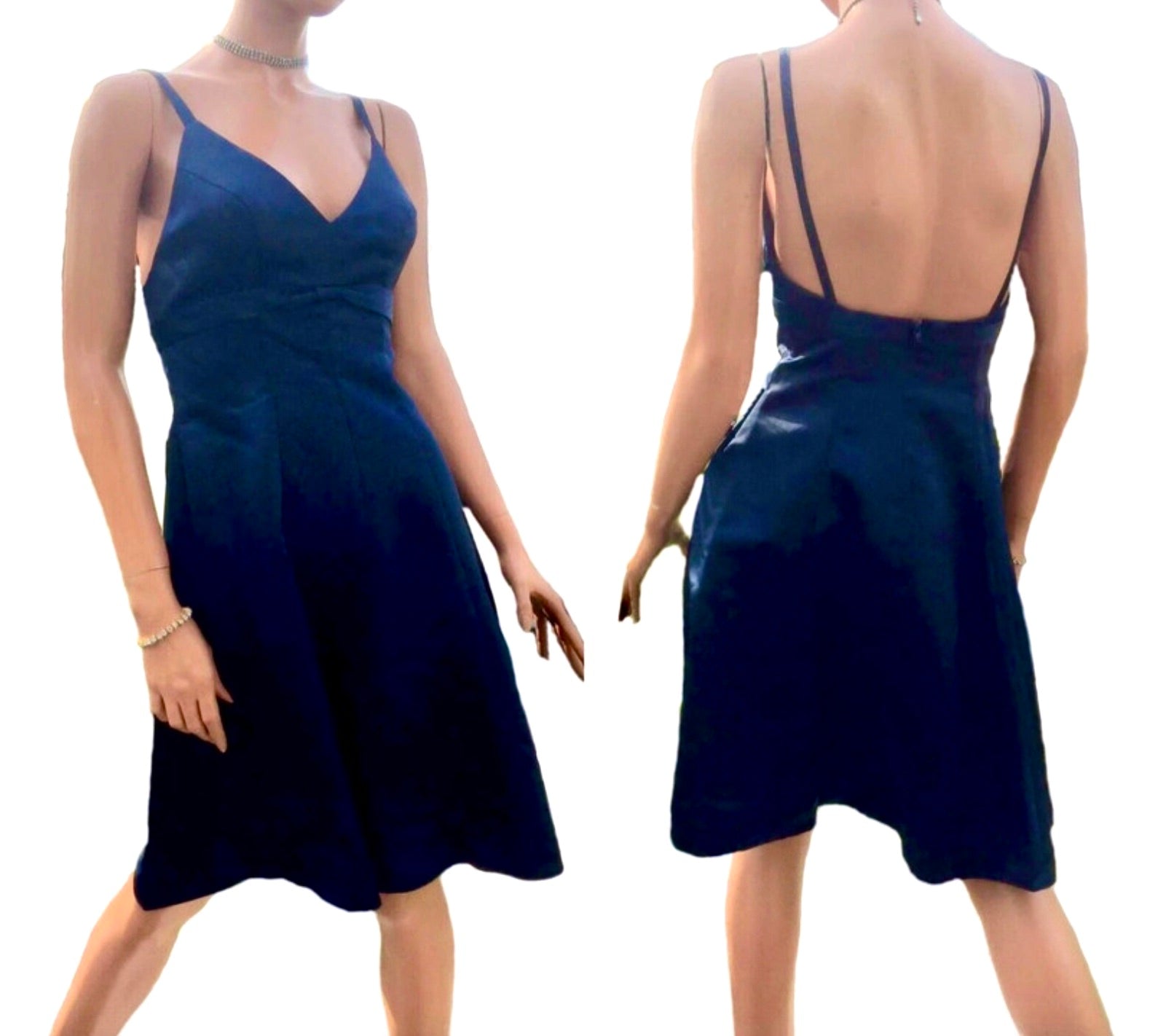 Gather & Gown~Navy Blue Halter Satin Fit & Flare Short Formal Bridesmaid Dress~2