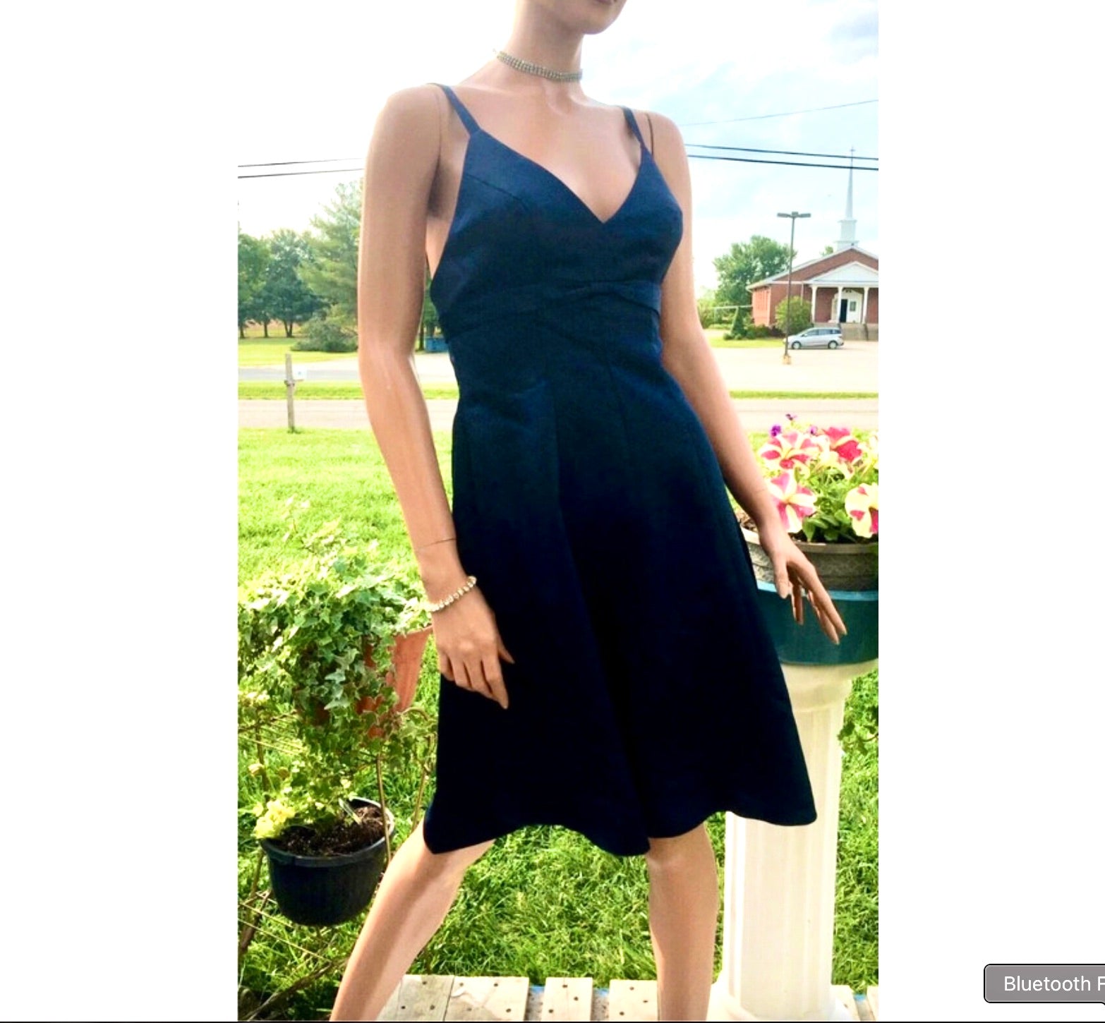 Gather & Gown~Navy Blue Halter Satin Fit & Flare Short Formal Bridesmaid Dress~2