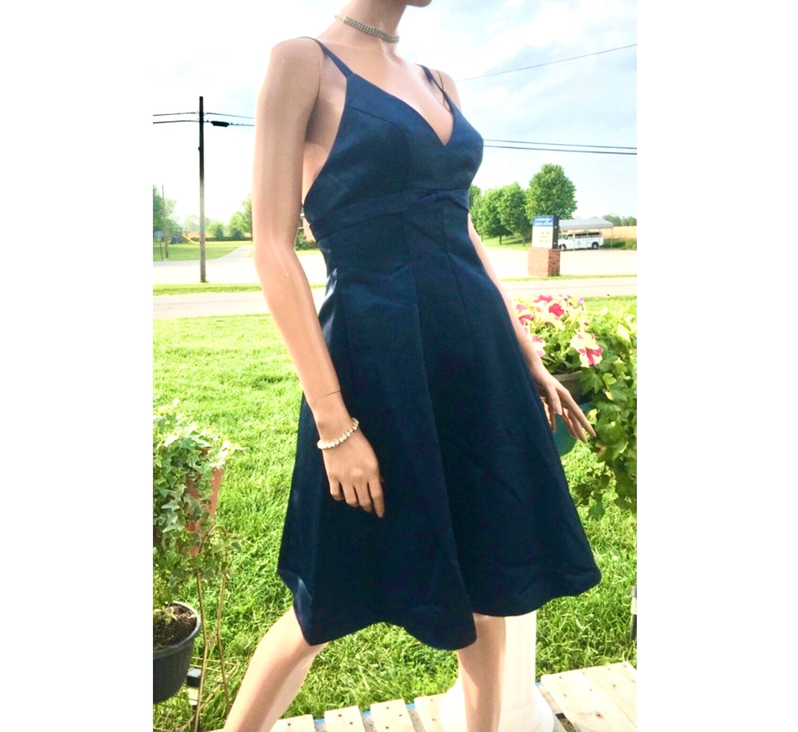 Gather & Gown~Navy Blue Halter Satin Fit & Flare Short Formal Bridesmaid Dress~2