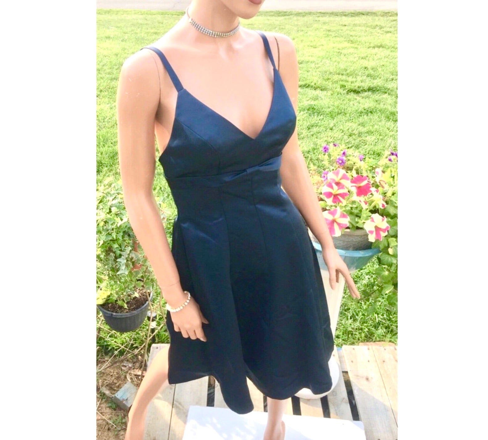 Gather & Gown~Navy Blue Halter Satin Fit & Flare Short Formal Bridesmaid Dress~2