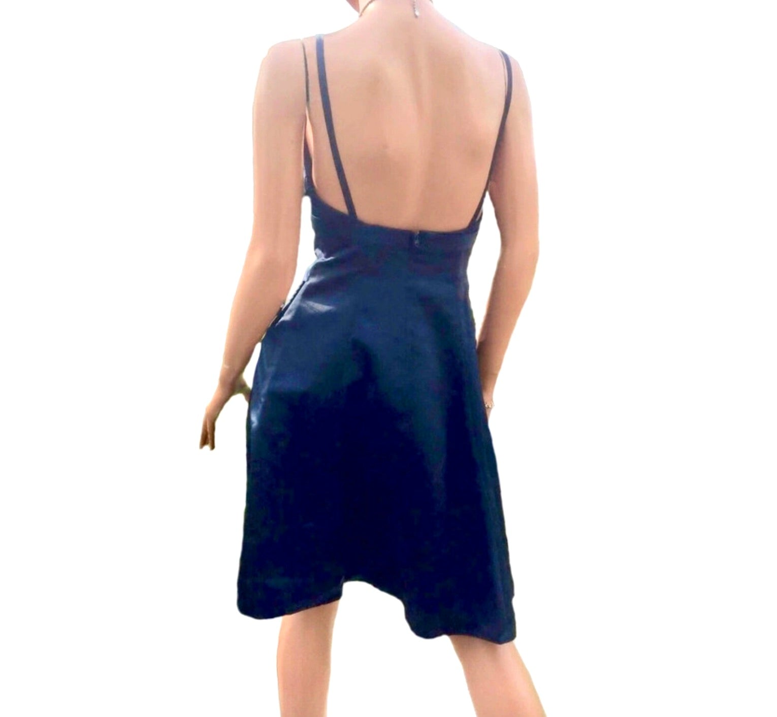 Gather & Gown~Navy Blue Halter Satin Fit & Flare Short Formal Bridesmaid Dress~2