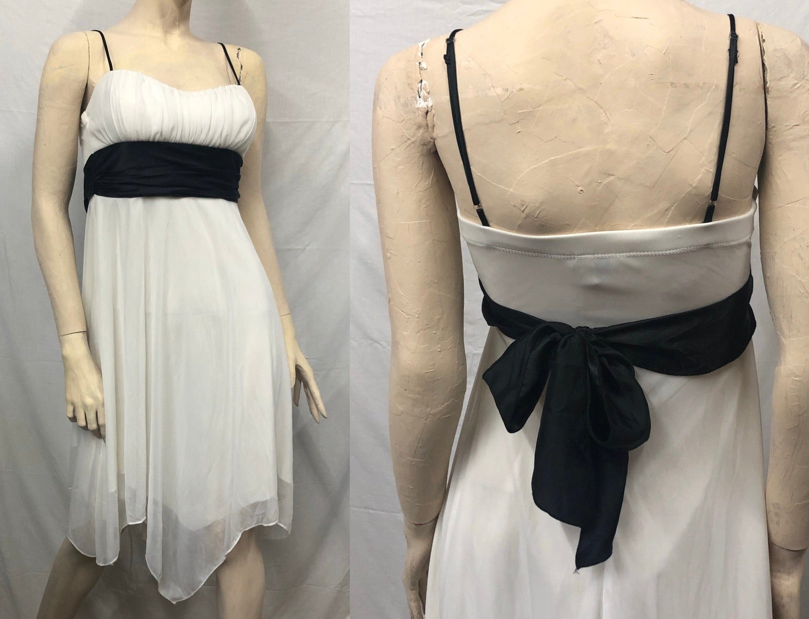 Vtg Y2K Fairycore Ivory/Blk Jagged Hem Chiffon Spaghetti Strap Party Dress~Jrs M