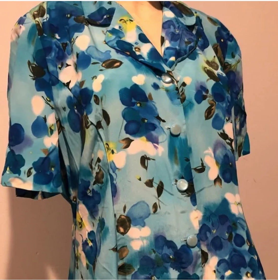 Vtg 90s Blue Floral Collared Short Sleeve Button Midi Tea Day Dress~Leslie Fay