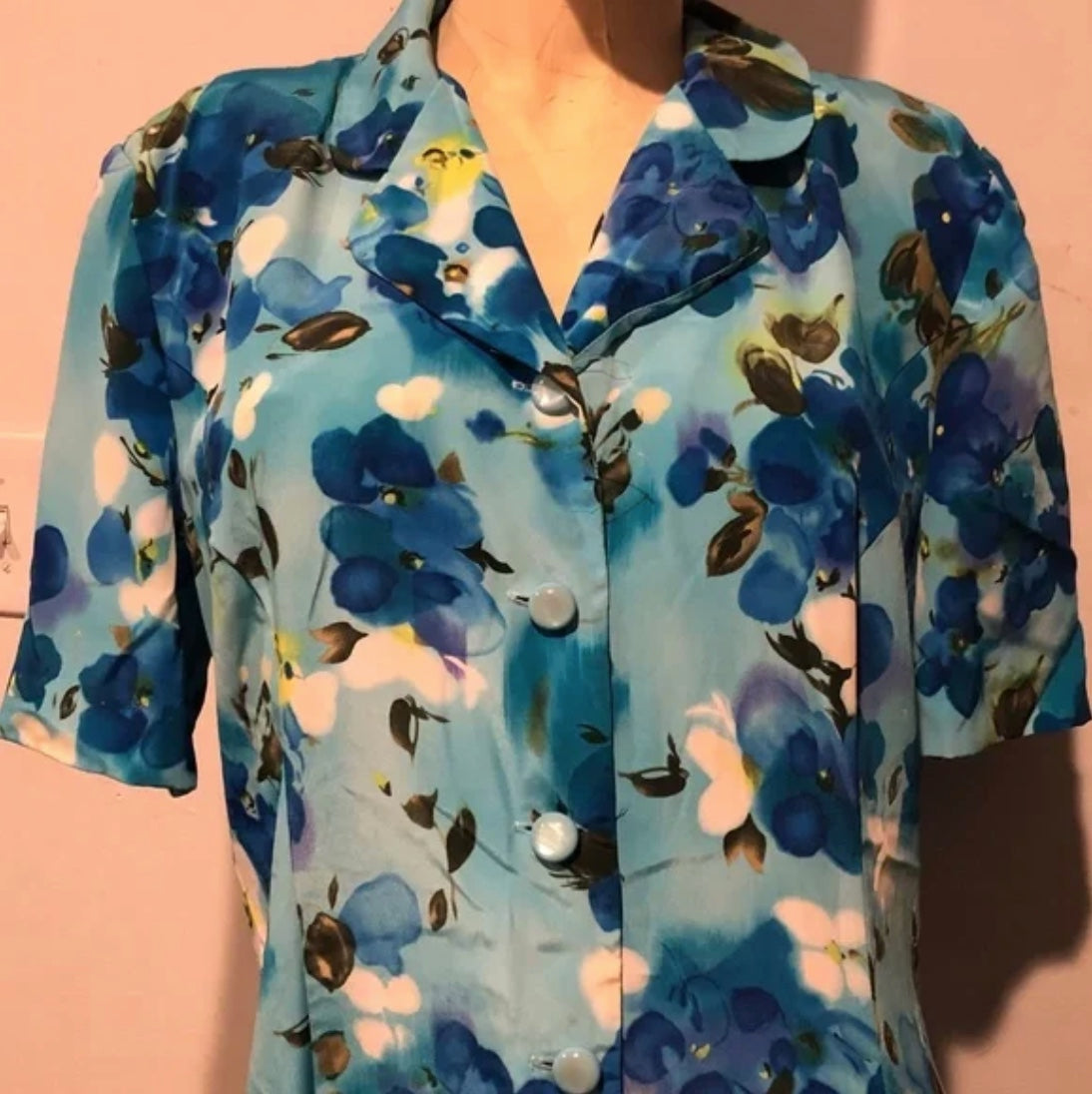Vtg 90s Blue Floral Collared Short Sleeve Button Midi Tea Day Dress~Leslie Fay