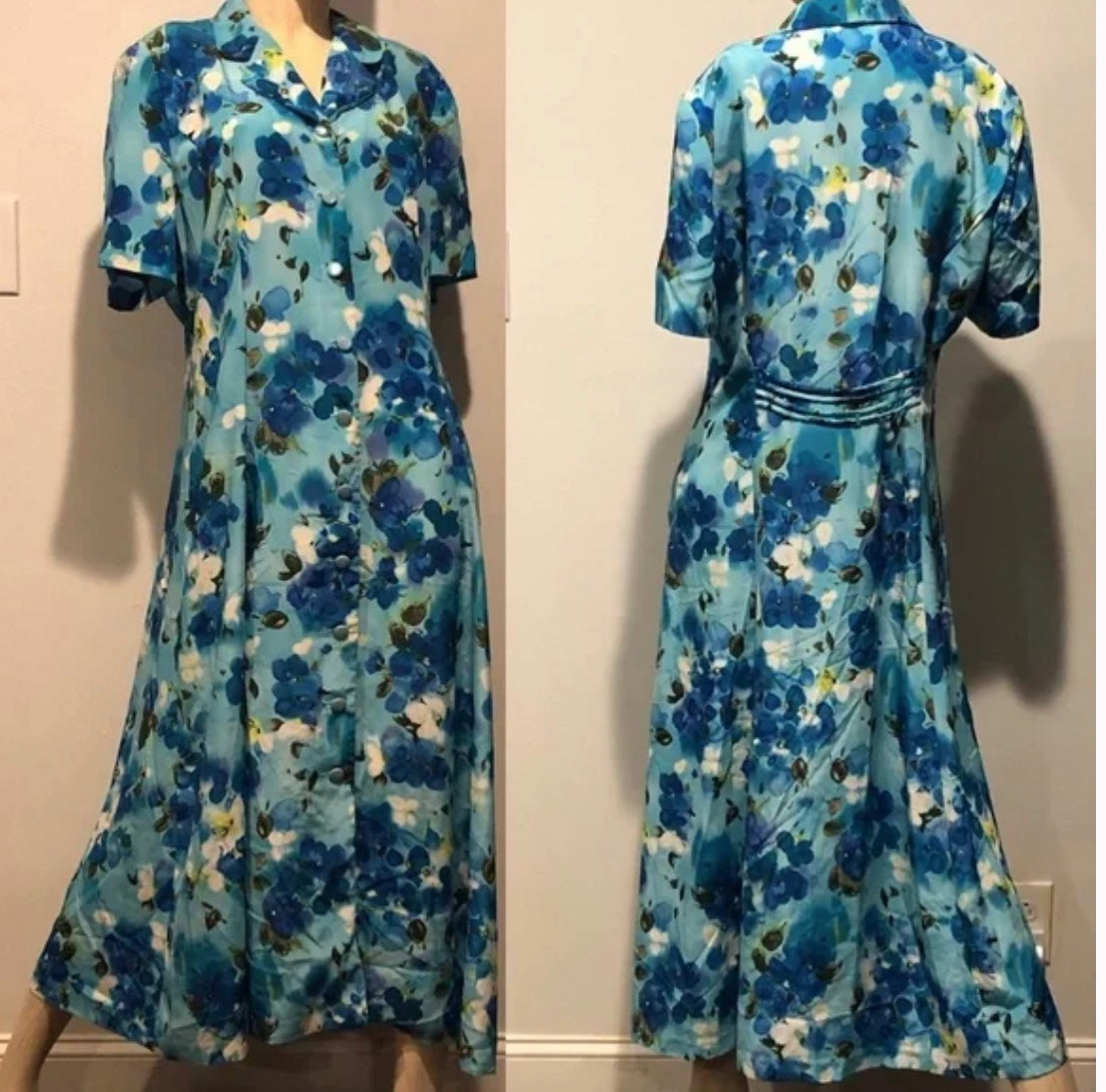 Vtg 90s Blue Floral Collared Short Sleeve Button Midi Tea Day Dress~Leslie Fay