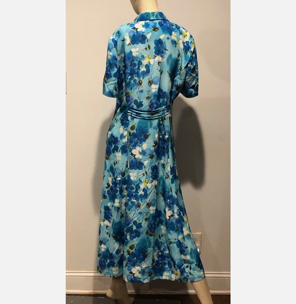 Vtg 90s Blue Floral Collared Short Sleeve Button Midi Tea Day Dress~Leslie Fay