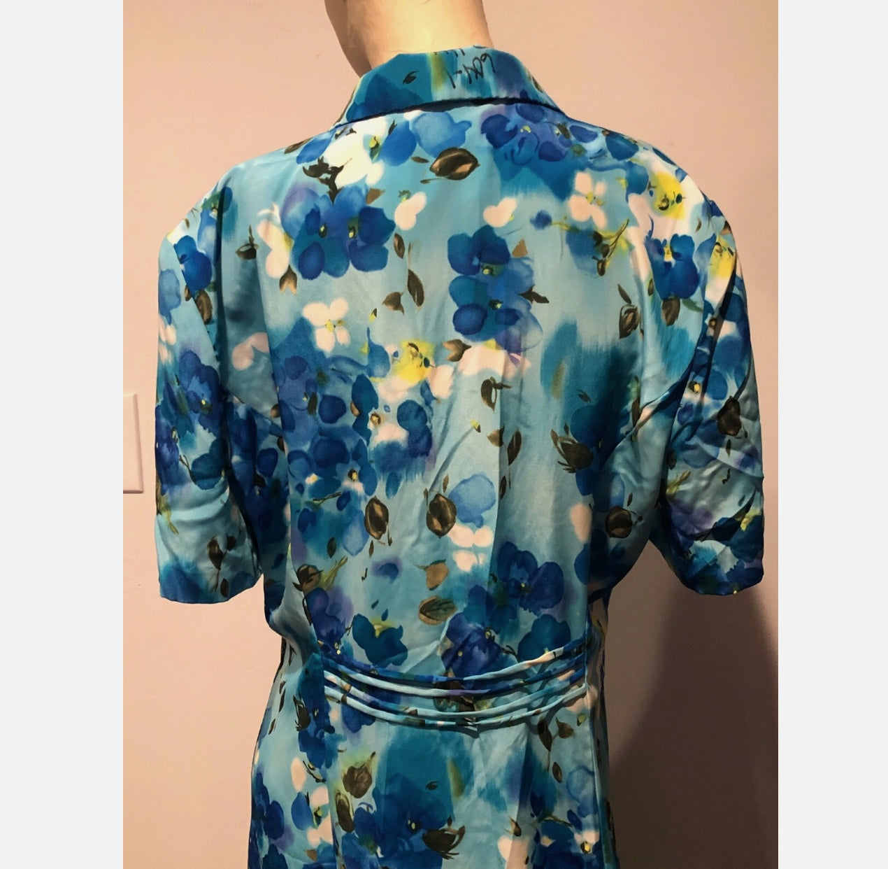 Vtg 90s Blue Floral Collared Short Sleeve Button Midi Tea Day Dress~Leslie Fay