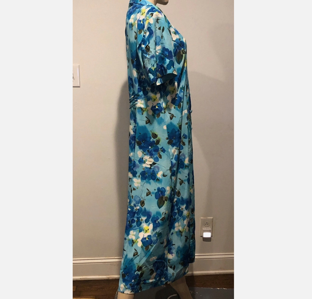 Vtg 90s Blue Floral Collared Short Sleeve Button Midi Tea Day Dress~Leslie Fay