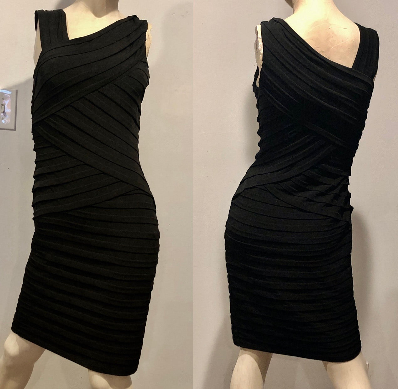 Vtg Y2K London Times Black Asymmetric Tank Stretch Bodycon Bandage Dress Sz 4