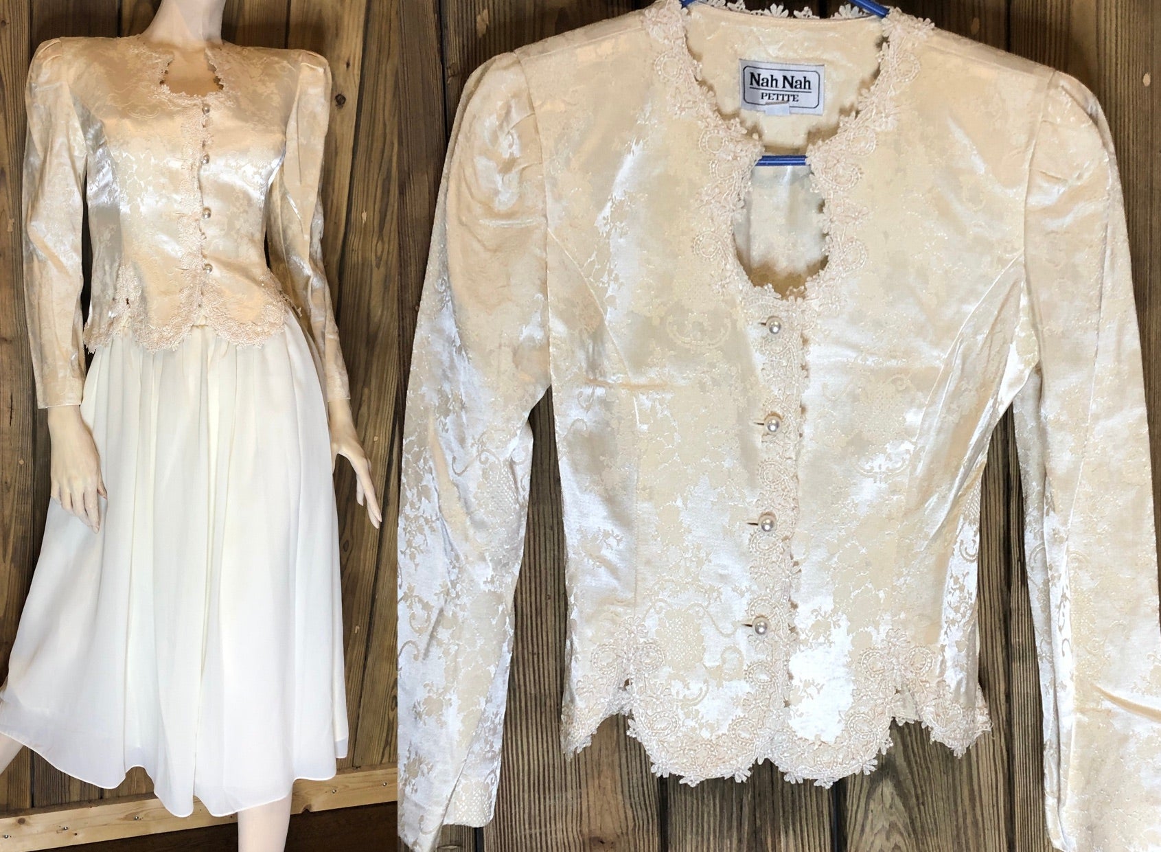 Vtg 90s Ivory Brocade/Lace Trim Peplum Jacket/Full Skirt Womens Set 4P~Wedding