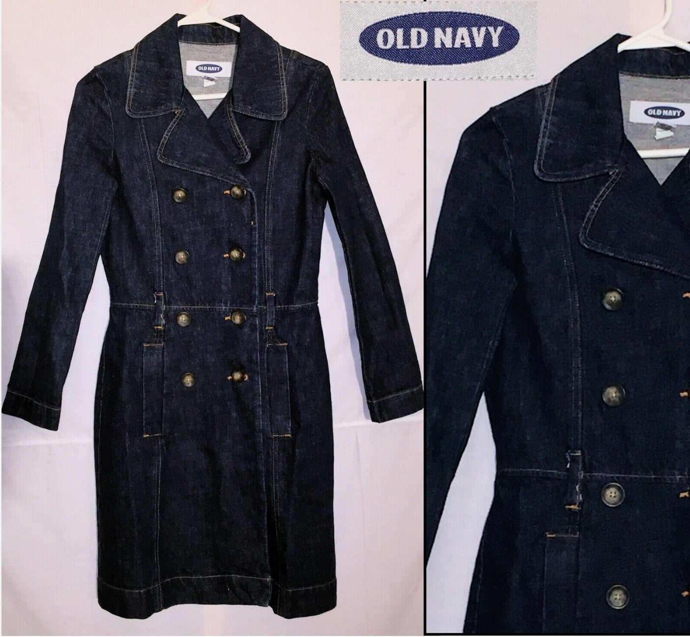Y2K Preppy Old Navy Dark Denim Double Breasted Short Trench/Pea Coat Sz XS~NWOT