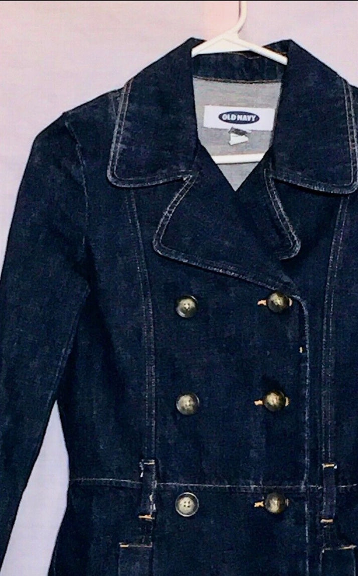 Y2K Preppy Old Navy Dark Denim Double Breasted Short Trench/Pea Coat Sz XS~NWOT