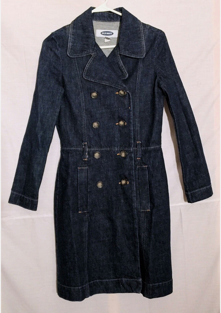Y2K Preppy Old Navy Dark Denim Double Breasted Short Trench/Pea Coat Sz XS~NWOT