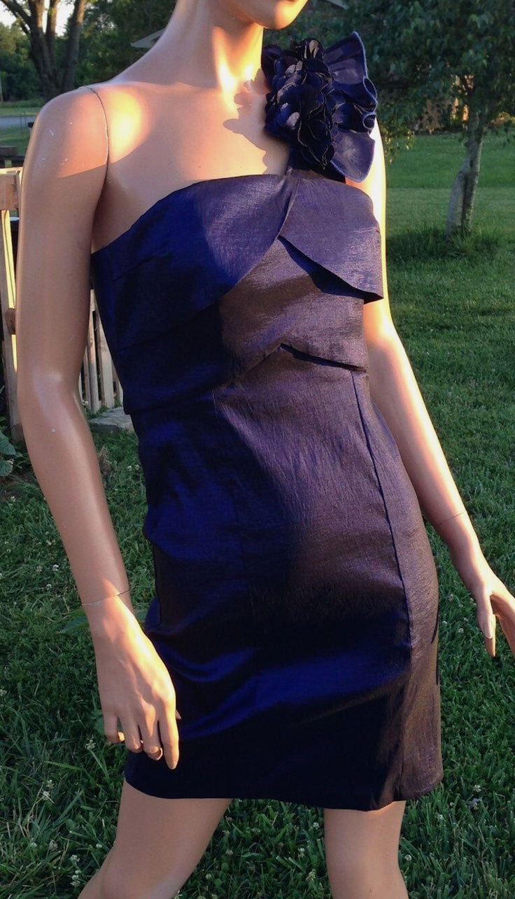 Vtg Y2K Feminine Ruffled One Shoulder Petal Bust Deep Purple Mini Formal Jrs 7