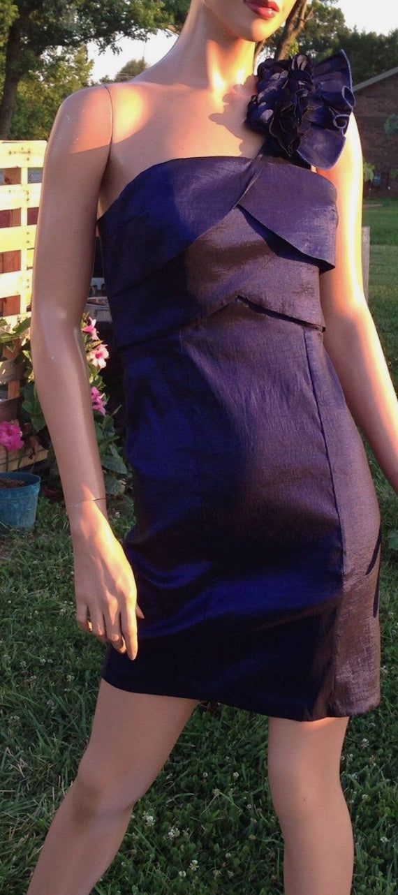 Vtg Y2K Feminine Ruffled One Shoulder Petal Bust Deep Purple Mini Formal Jrs 7