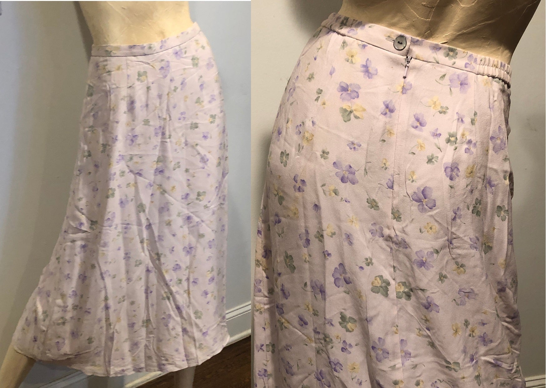 90s Talbots Floral Spring Violets Romantic Silk A-Line Midi Skirt~2P Cottagecore